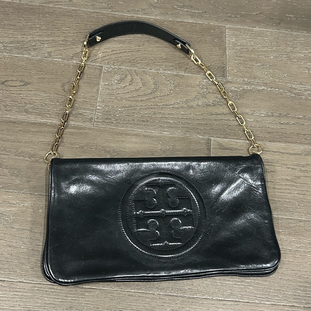 Tory Burch Black Leather Chain-Trim Wristlet Clutch